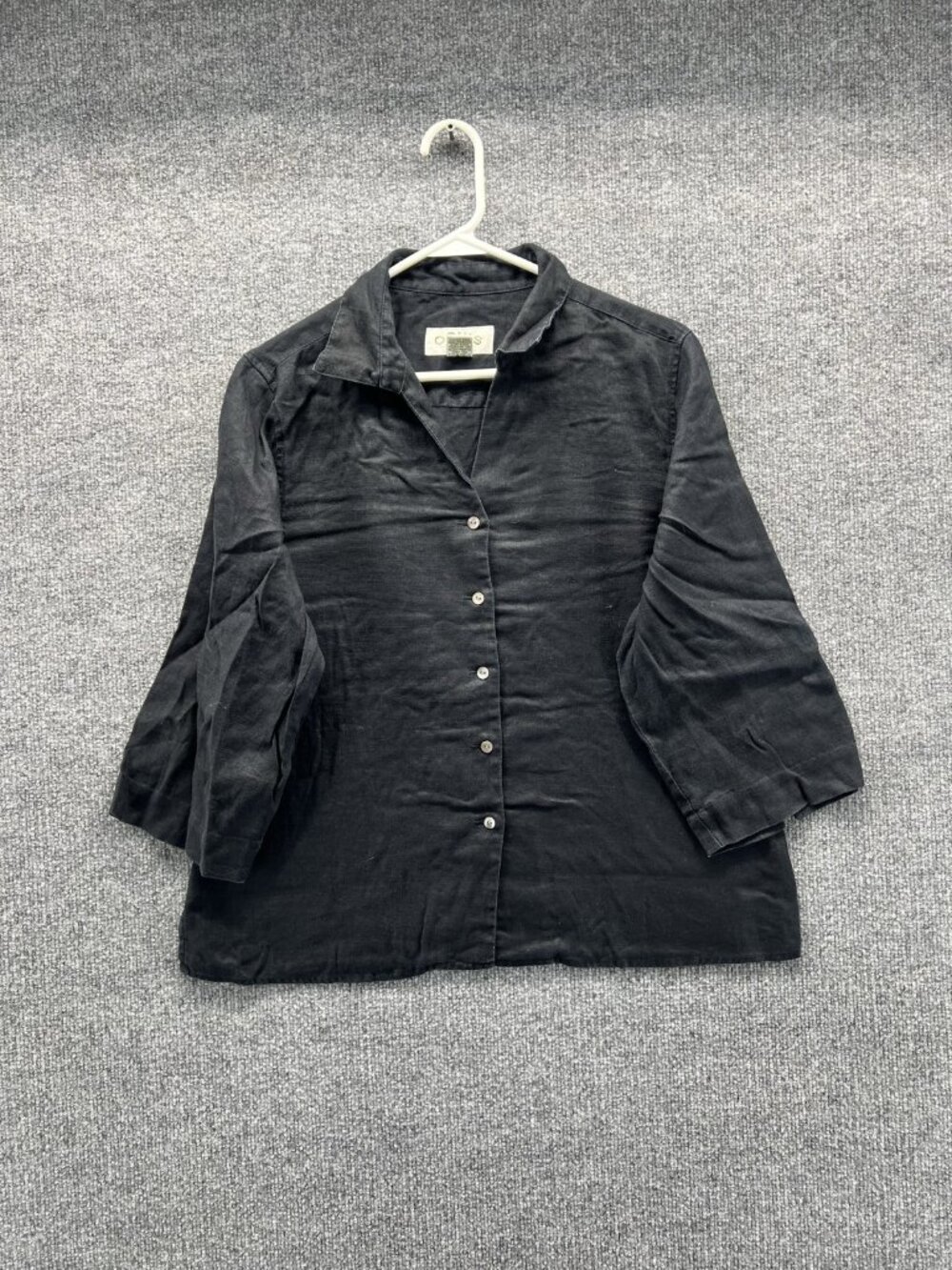 Orvis Shirt Women Medium Black Collared 3/4 Sleeve Linen Button Up Casual
